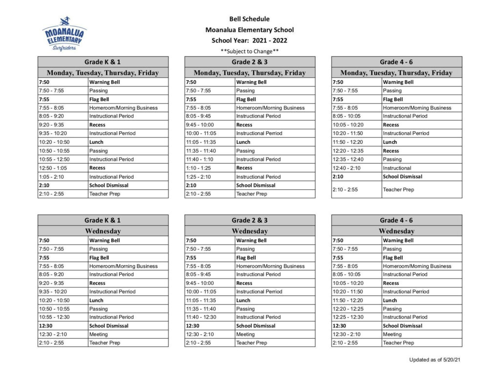 Bell Schedule Home Moanalua Elementary