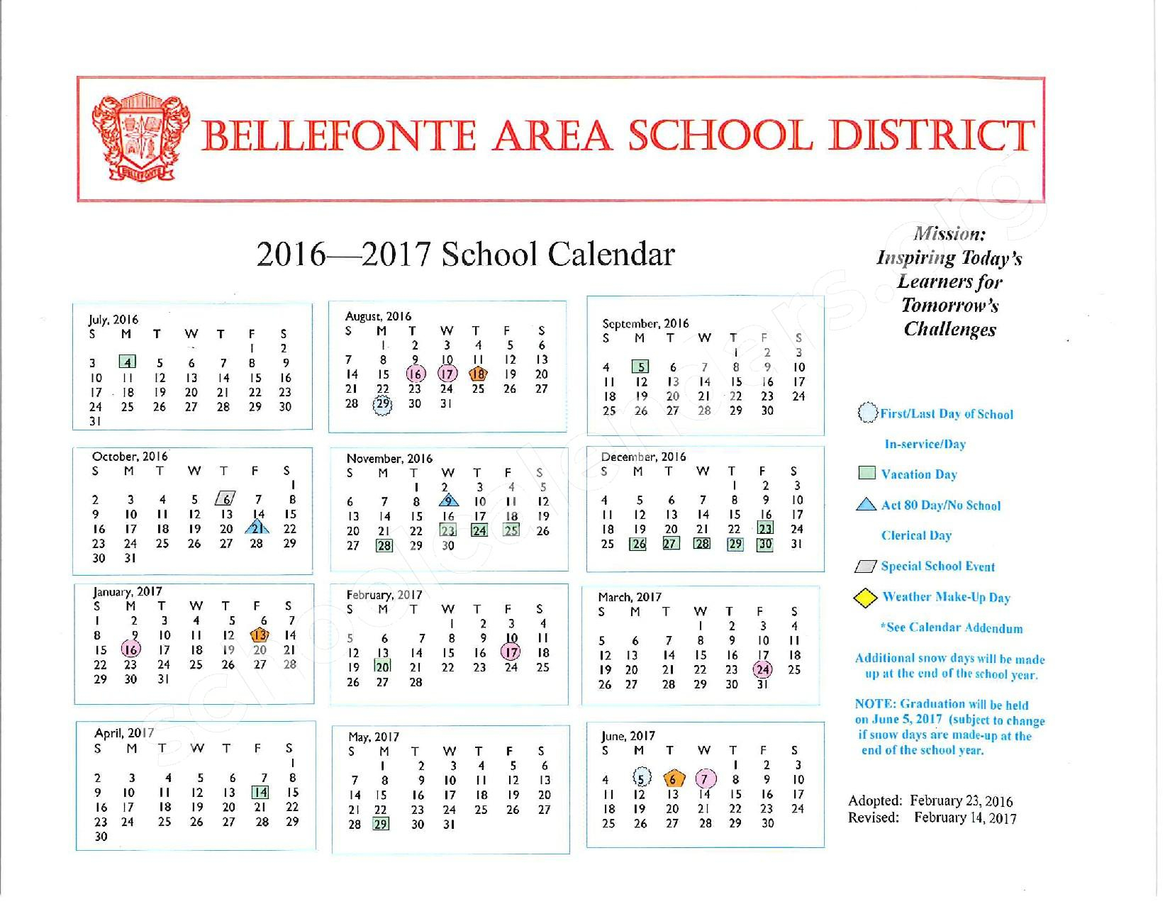 Bellefonte Area School District Calendars Bellefonte PA