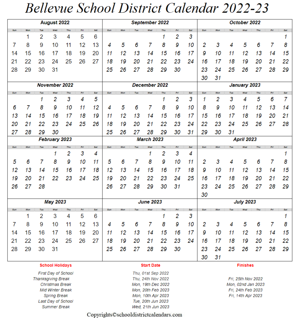 Bellevue School District Calendar 2022 2023 With Holidays