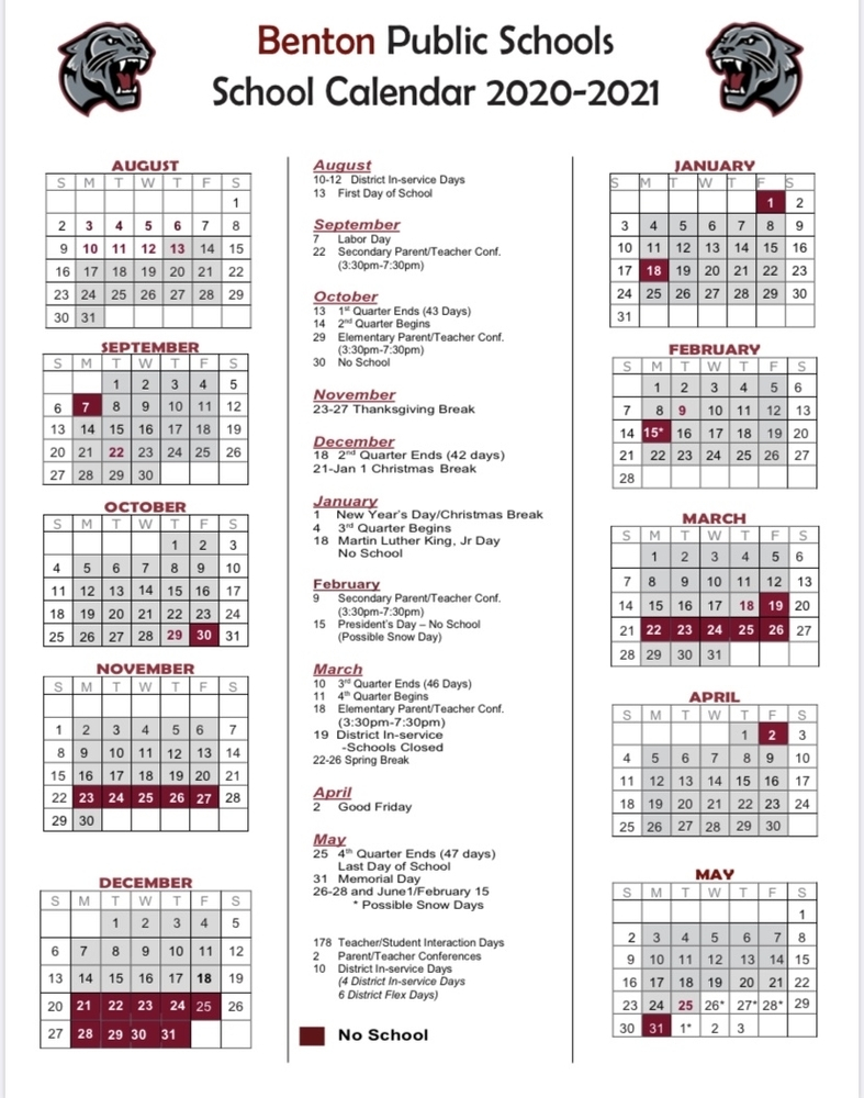 Benton Public Schools Holiday Calendar 2023 2024 District School Calendar
