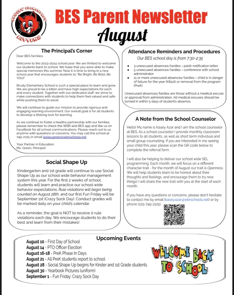 BES August Monthly Calendar Brusly Elementary School