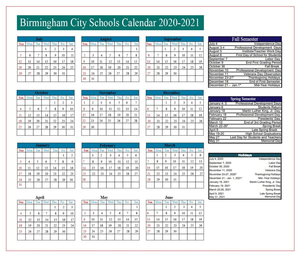 Birmingham City Schools Calendar 2020 2021 2 min