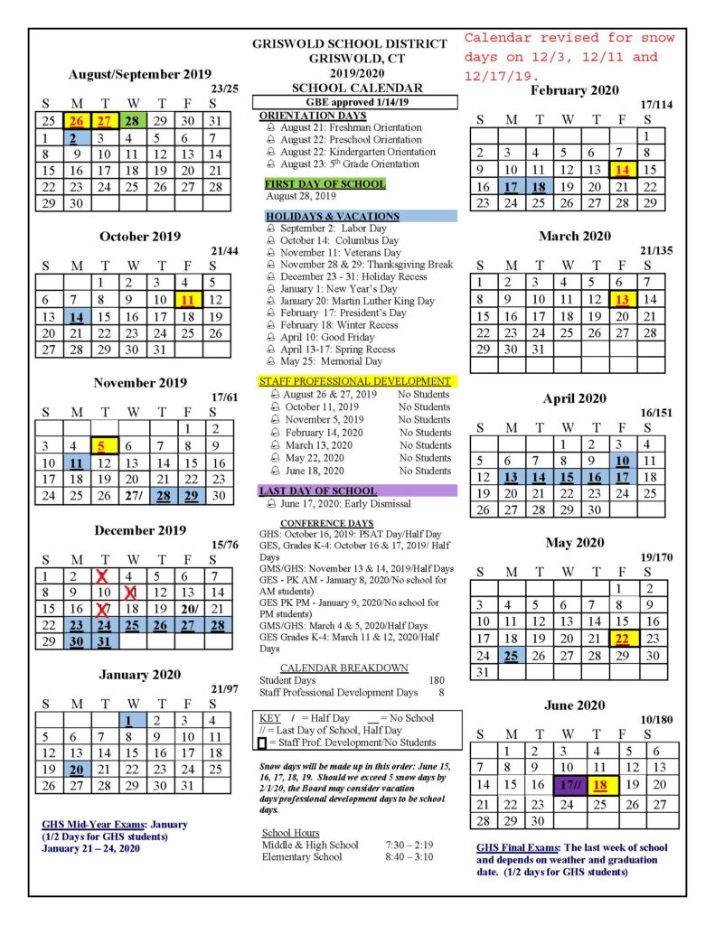 Board Approved Academic Calendar Griswold Public Schools