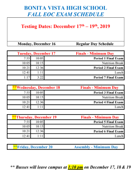 Bonita Vista High School Final Exam Schedule