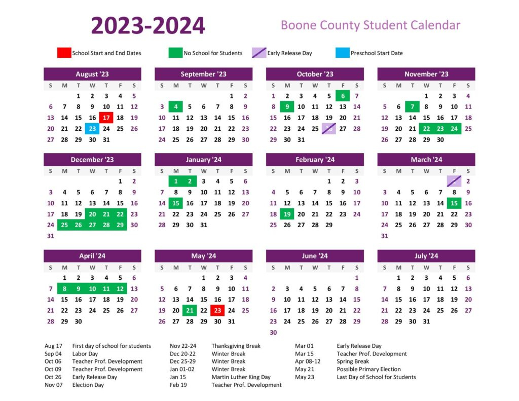 Boone County Schools Calendar 2023 2024 Holiday Breaks 