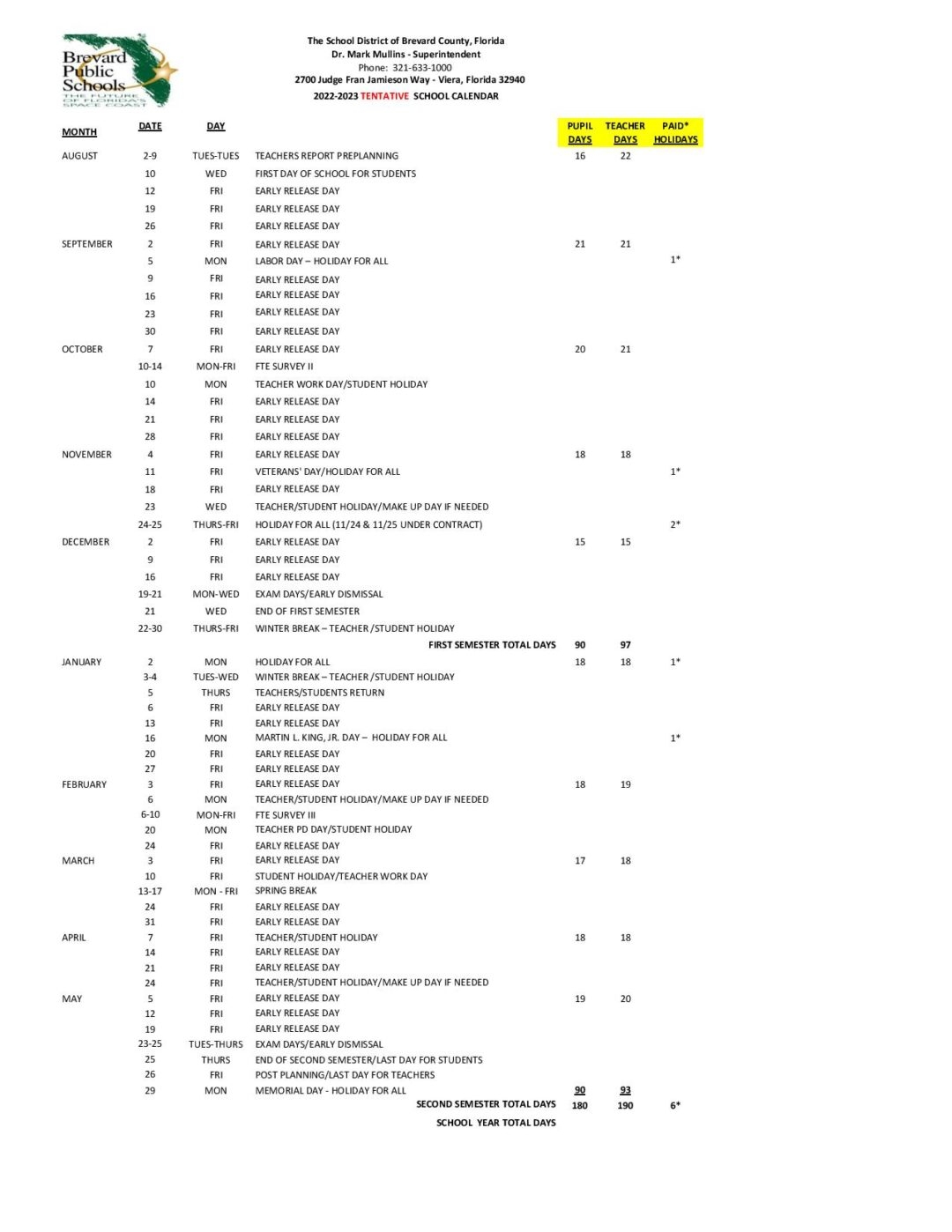 Brevard Public Schools Calendar 2022 2023 In PDF