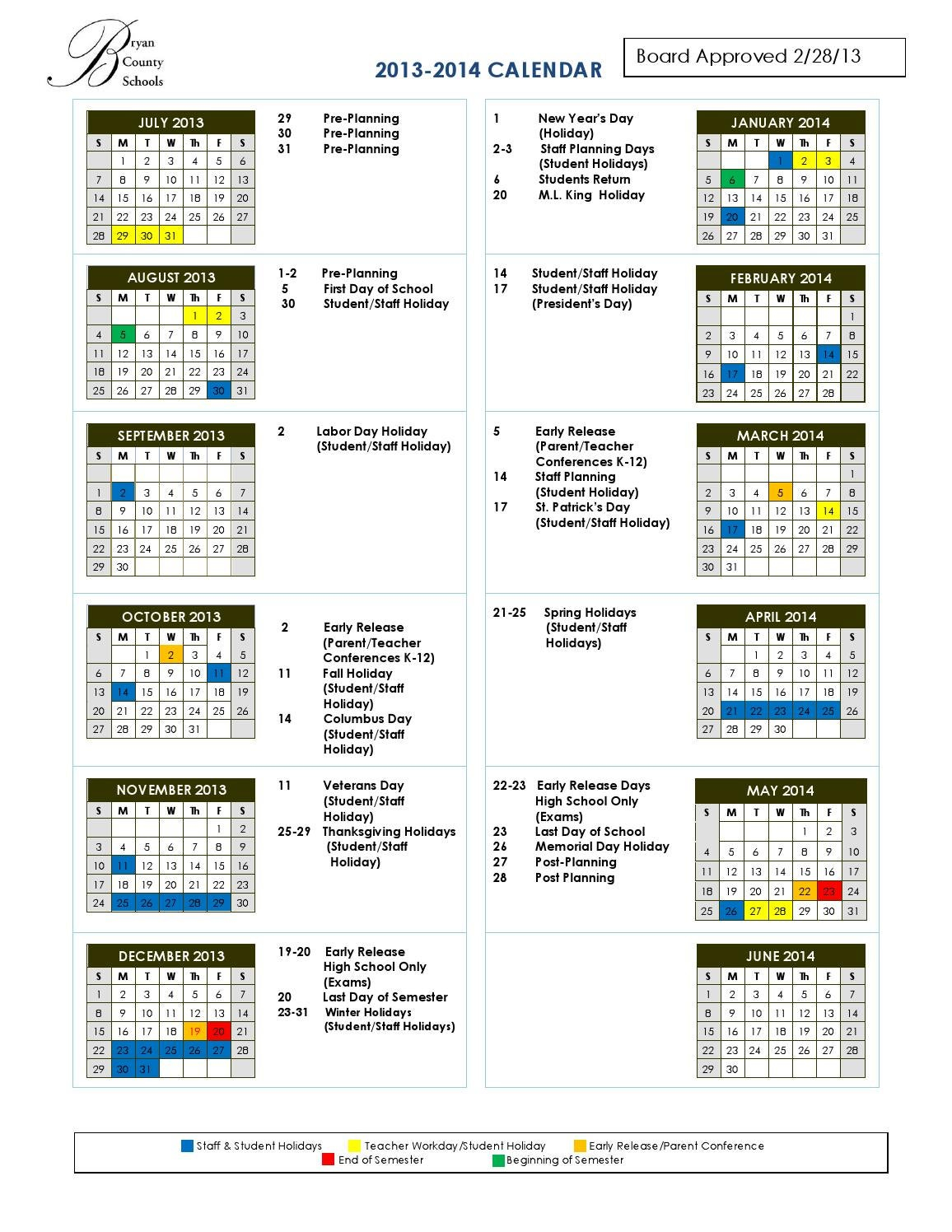 Bryan County Schools 2013 2014 Approved Calendar 2 28 13 By Emily