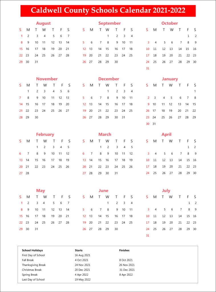 Caldwell County Schools Calendar Holidays 2021 2022