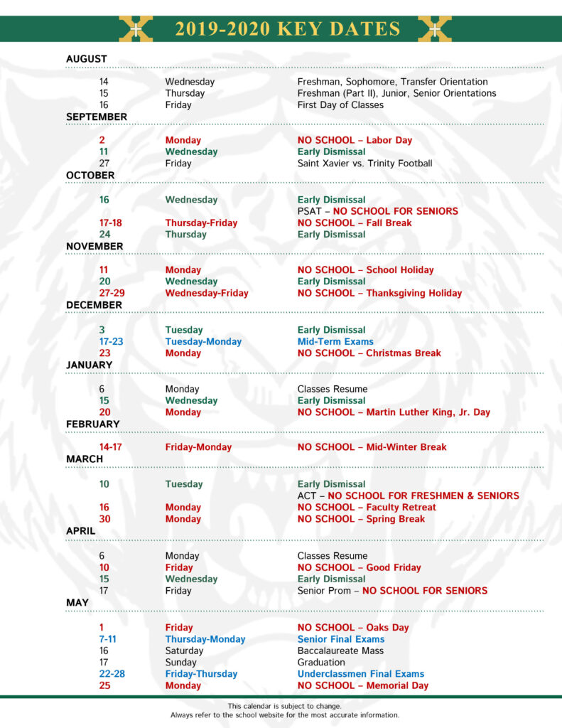 Calendar Key Dates Saint Xavier High School