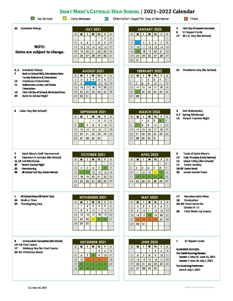 Calendar Saint Mary s Catholic High School