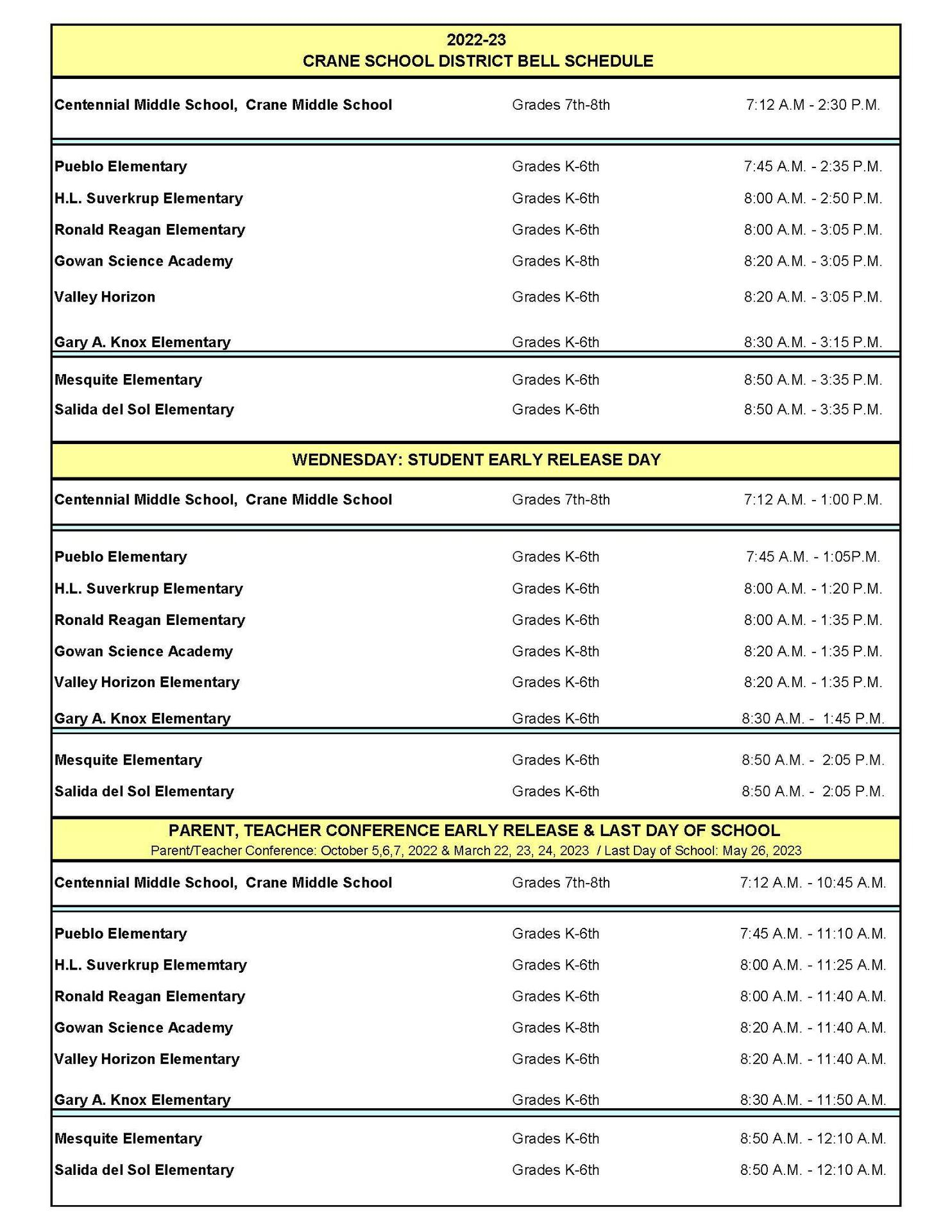 Calendar Students Parents Crane Elementary School District