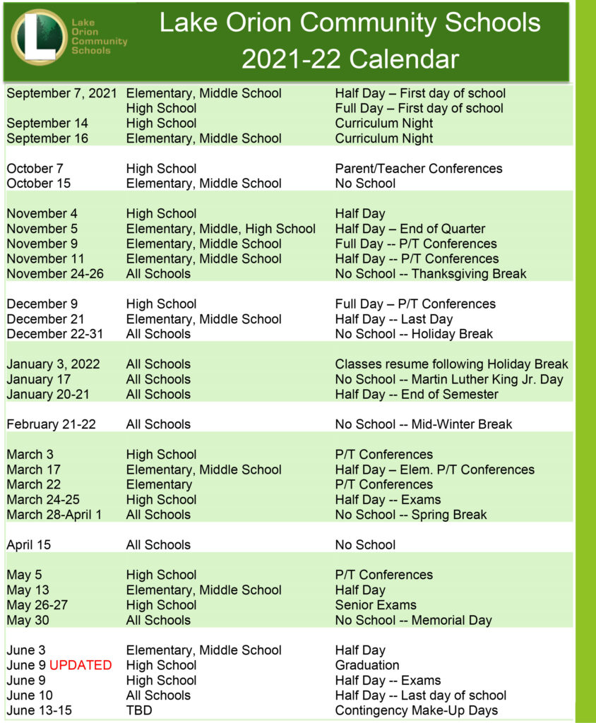 Calendars Lake Orion Community Schools