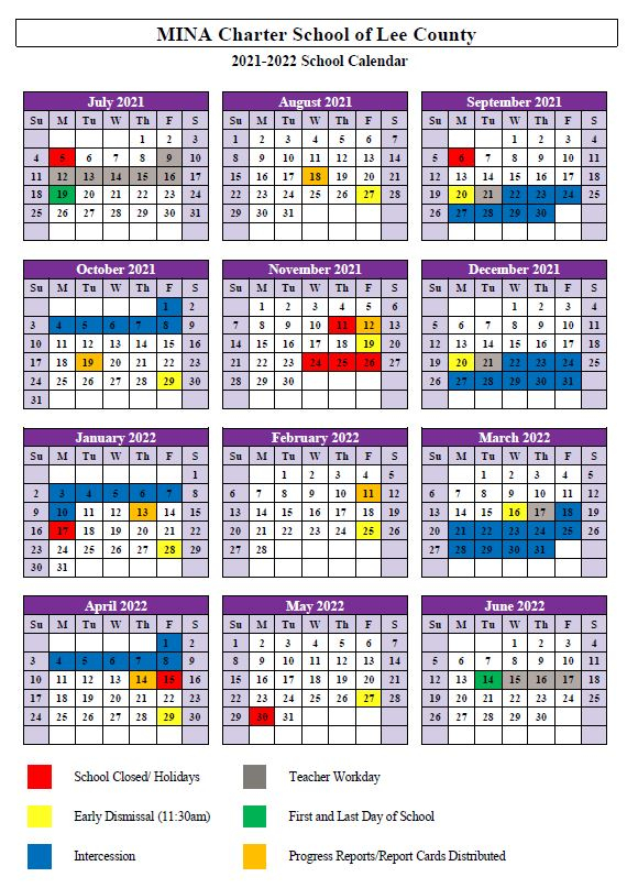 Calendars MINA Charter School Of Lee County