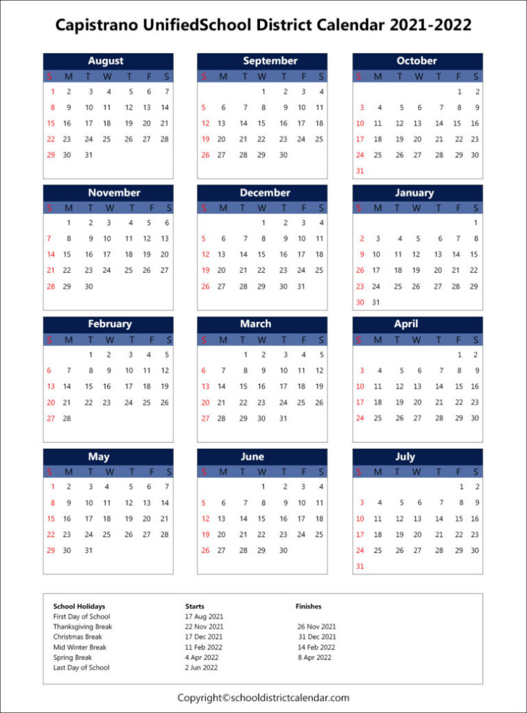 Capistrano Unified School District Calendar 2022 2023 Schoolcalendars