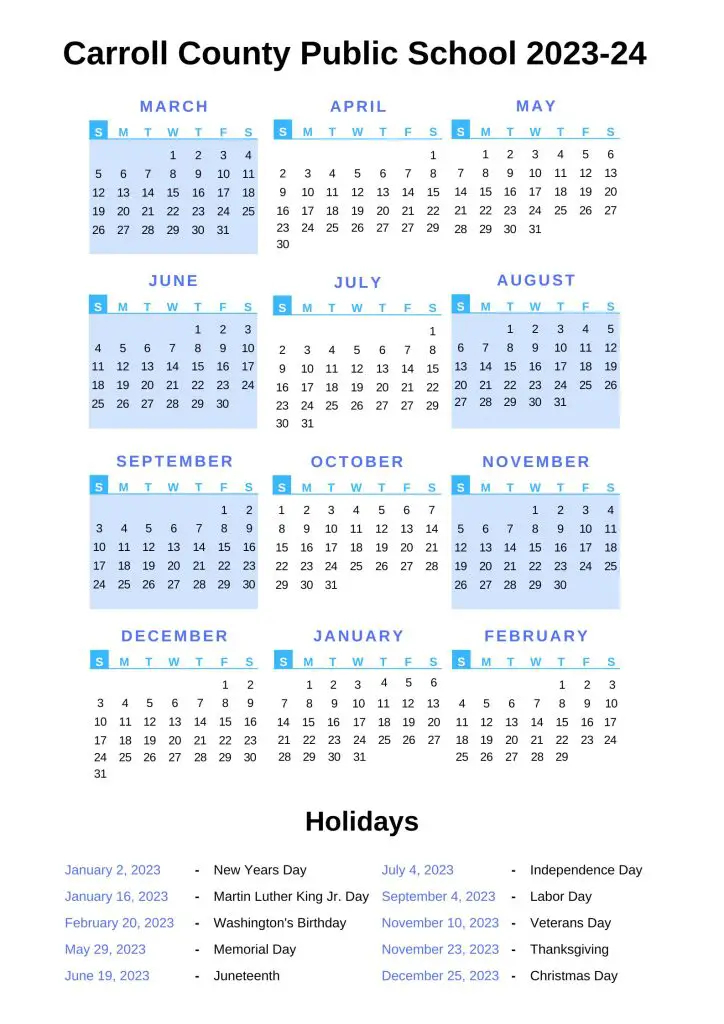 Carroll County Public Schools Calendar 2023 24 With Holidays