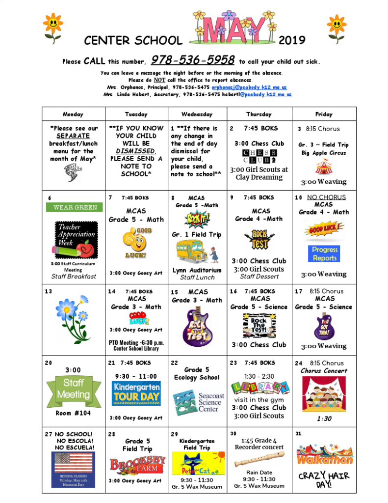 Center School May 2019 Calendar Peabody Public Schools