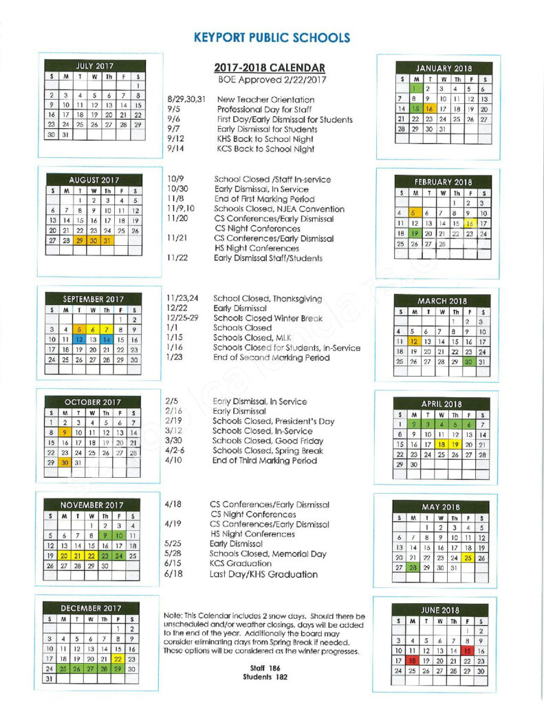 Central School Calendars Keyport NJ