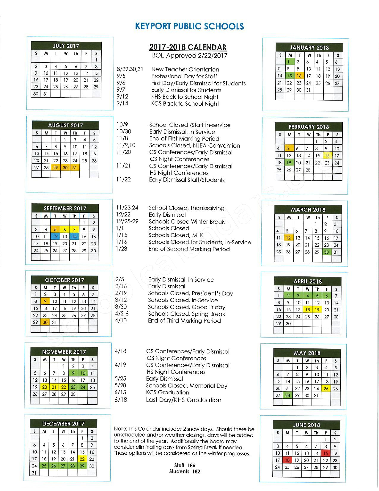 Central School Calendars Keyport NJ