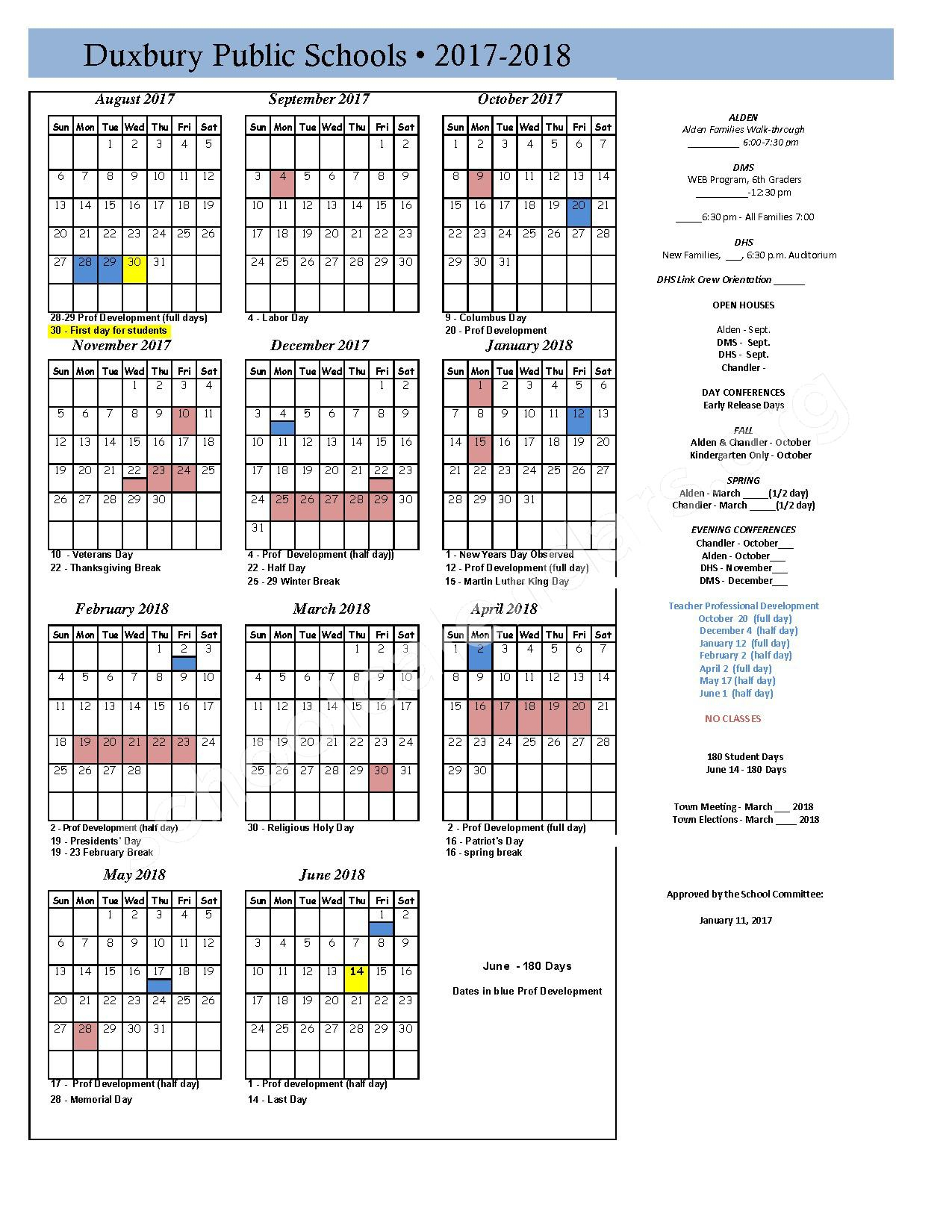 Chandler Elementary School Calendars Duxbury MA