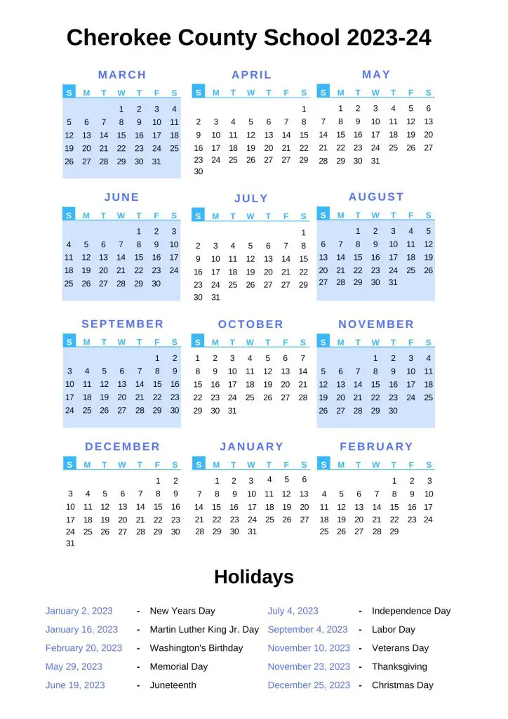 Cherokee County School Calendar 2022 2023 With Holidays