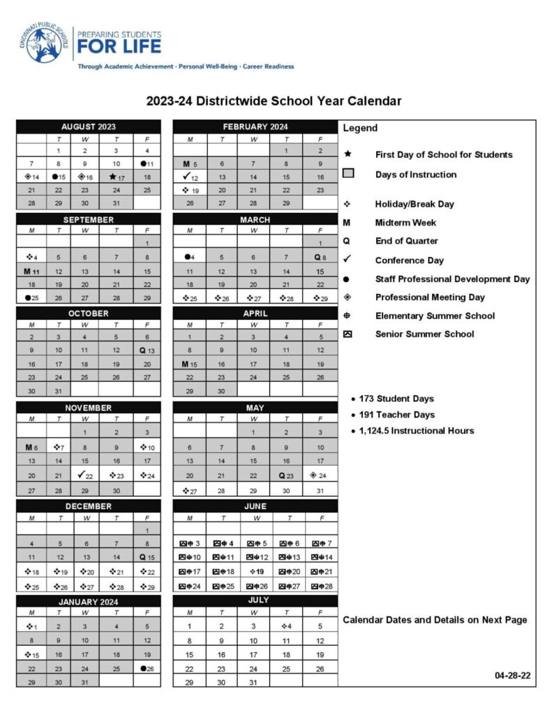 Cincinnati Public Schools Calendar 2023 2024 Holiday Breaks 