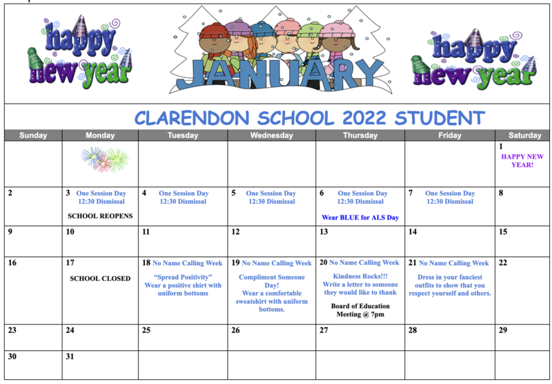 Clarendon January 2022 Calendar Clarendon Elementary School