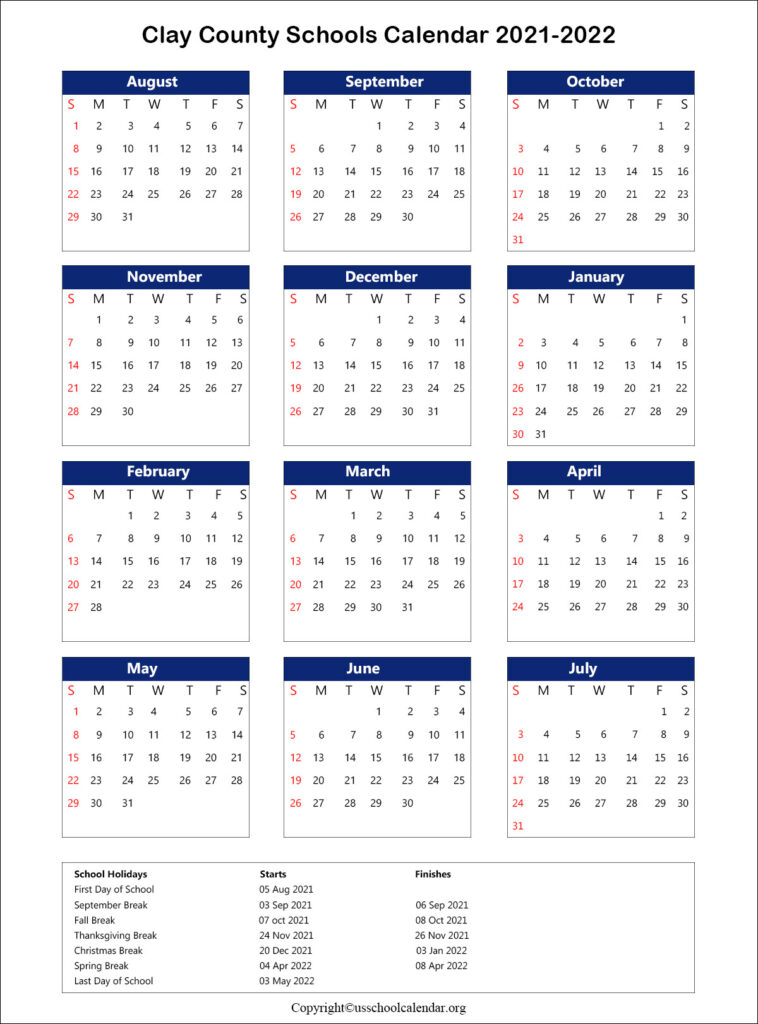 Clay County School Calendar With Holidays 2021 2022