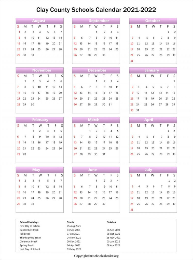 Clay County School Calendar With Holidays 2021 2022