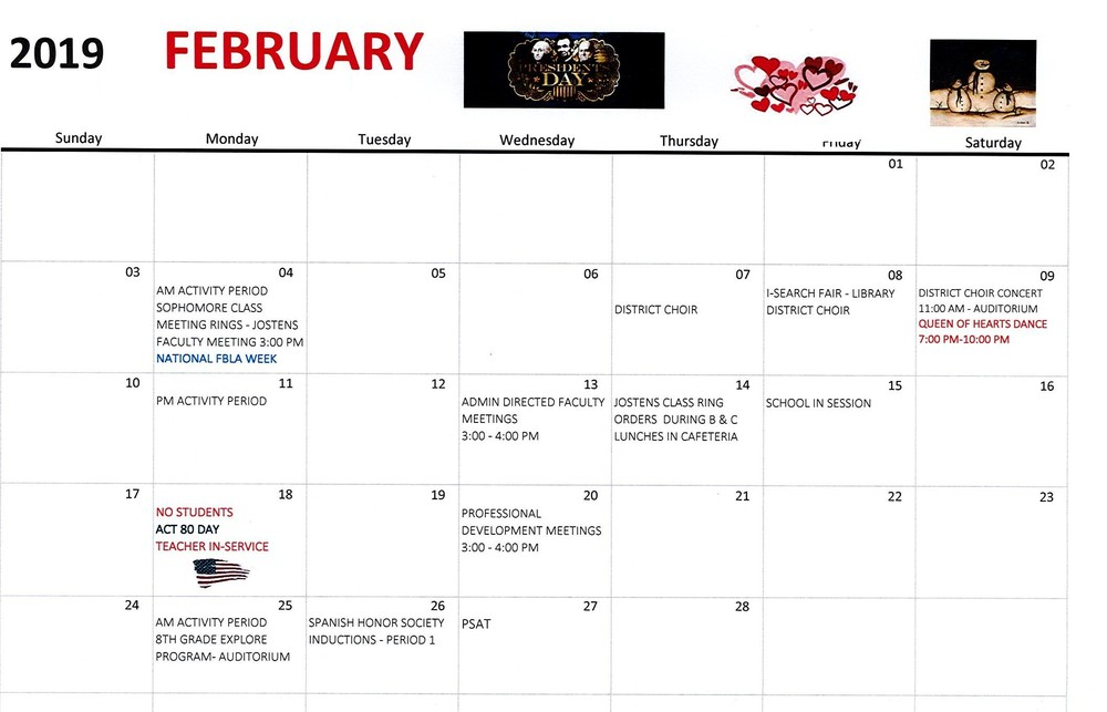 Clearfield Area Junior Senior High February Events Calendar 