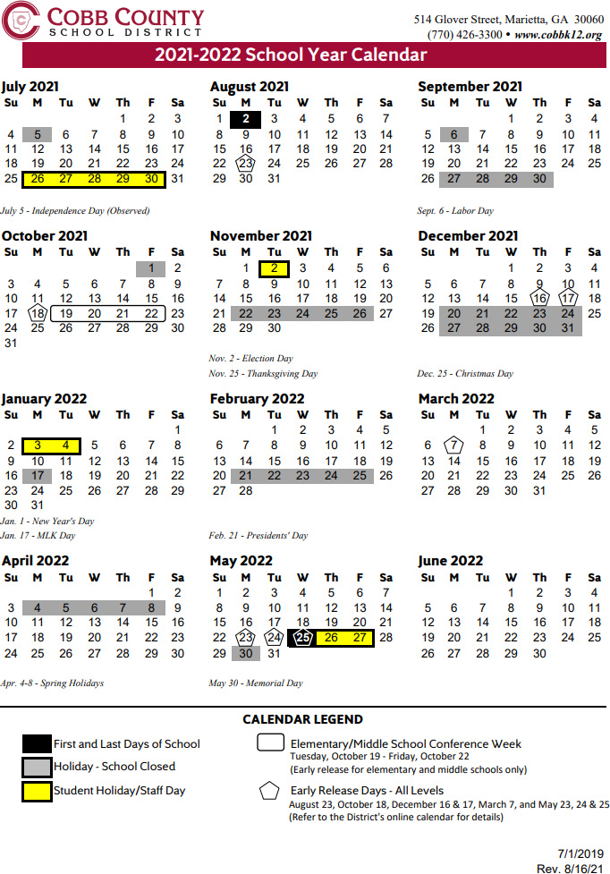 Cobb County School Calendar 2021 2022 Marietta