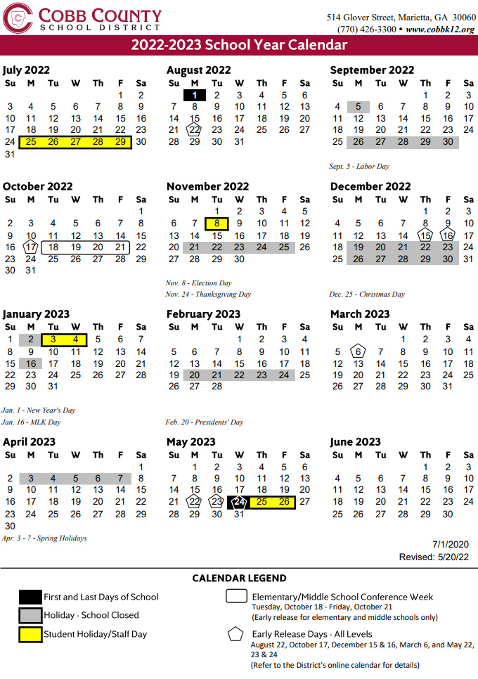 Cobb County School Calendar 2022 2023 Marietta