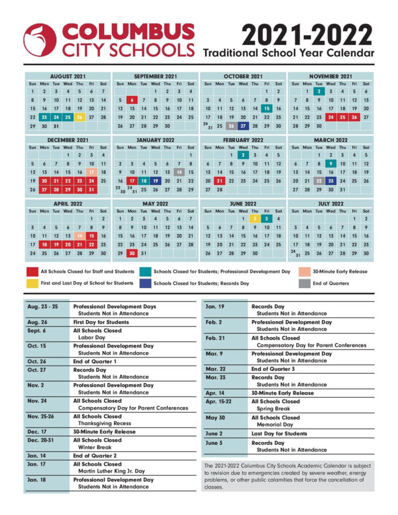 Columbus City Schools Calendar 2022 Holidays In PDF