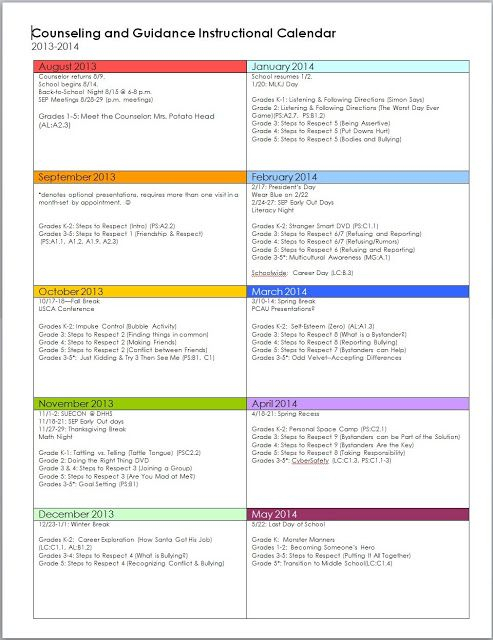 Coral Canyon Elementary School Counseling Guidance Calendar 