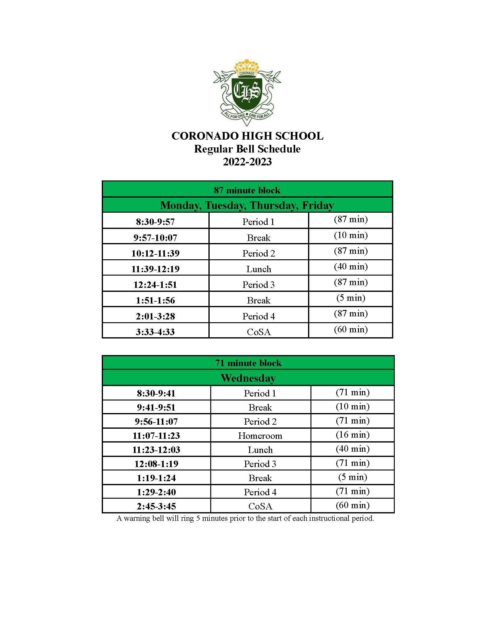 Coronado High School CHS Academic Calendar And Bell Schedule