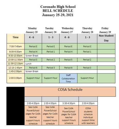 Coronado High School CHS Academic Calendar Bell Schedule