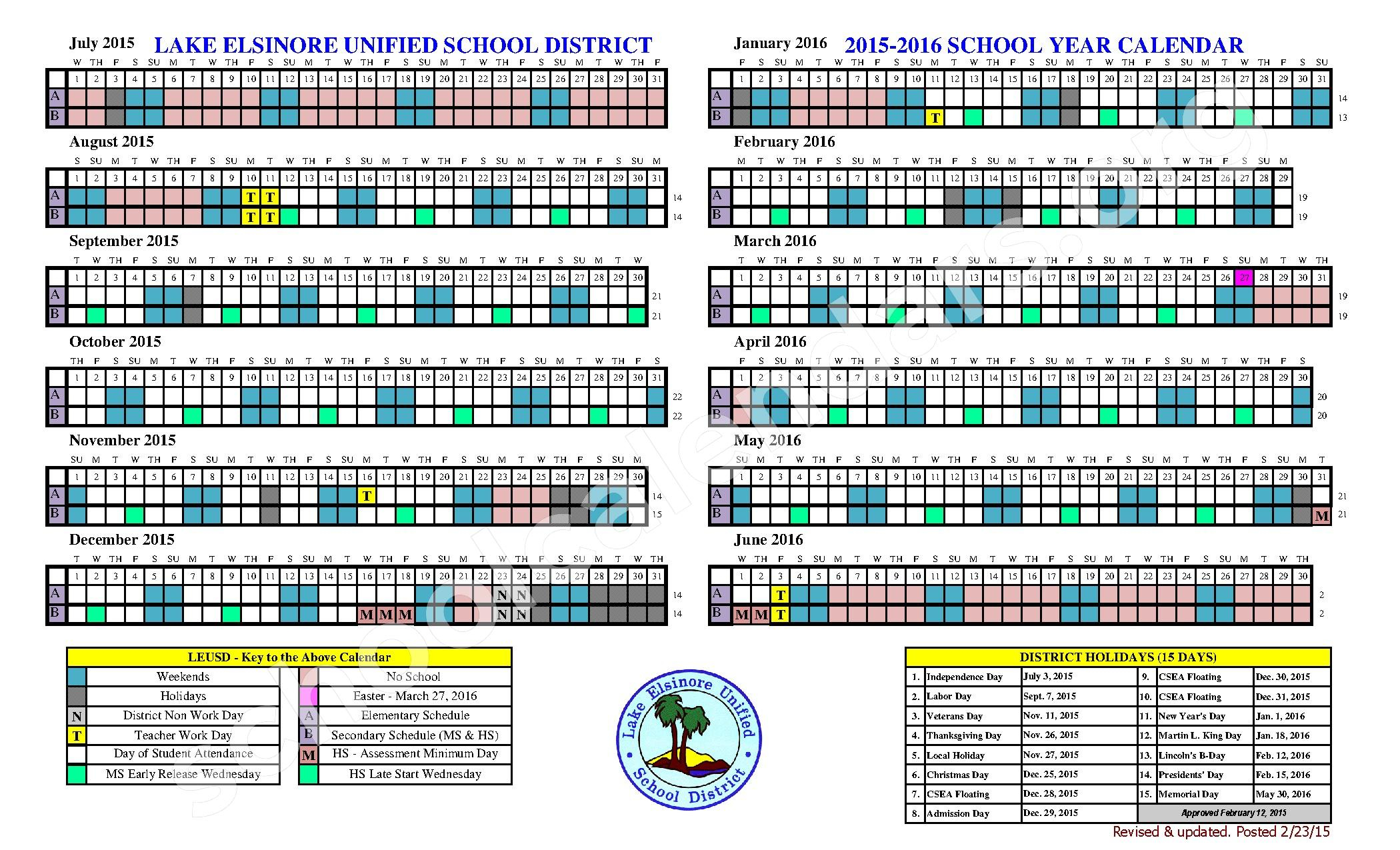 Cottonwood Canyon Elementary School Calendars Lake Elsinore CA