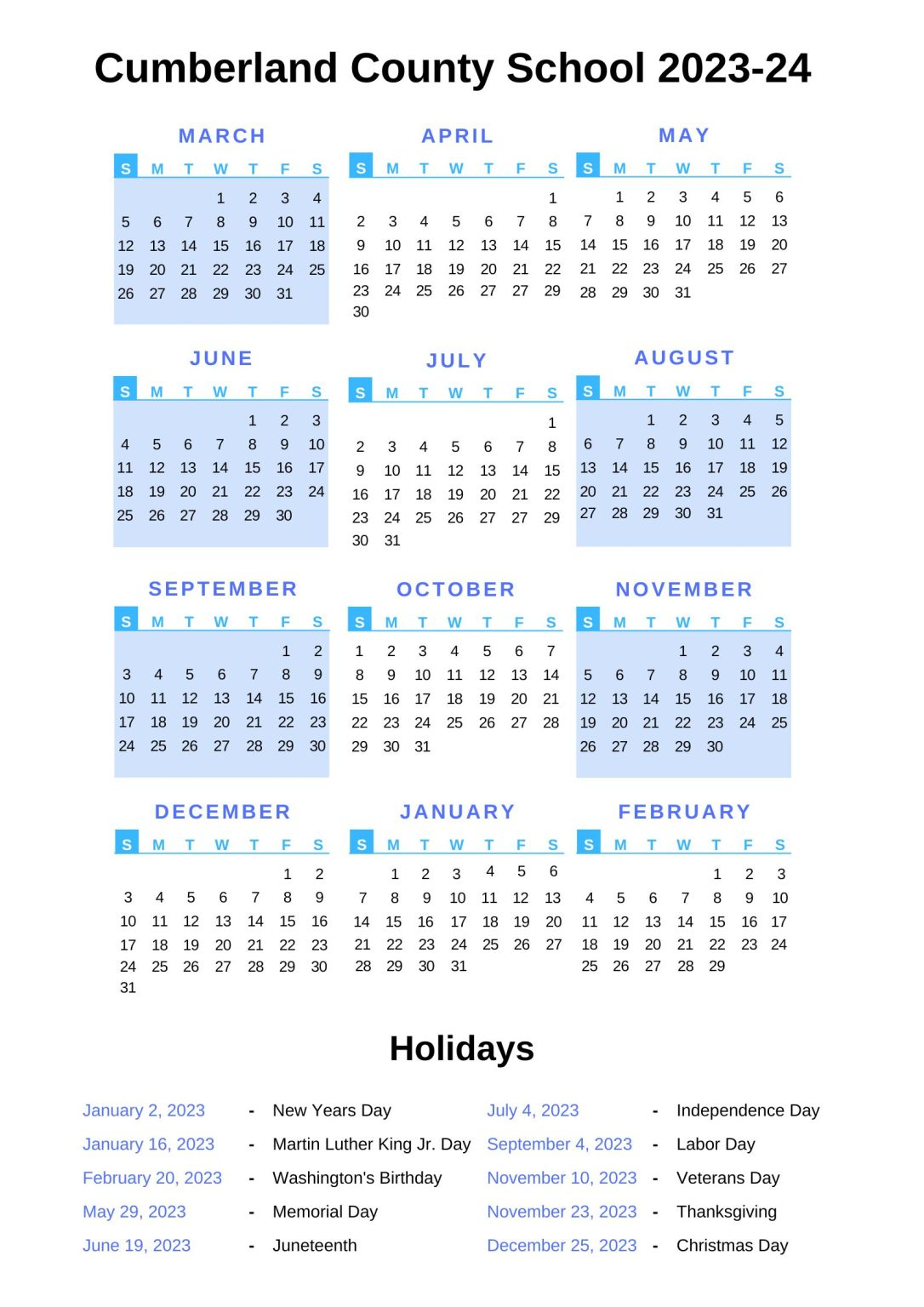 Cumberland County School Calendar 2023