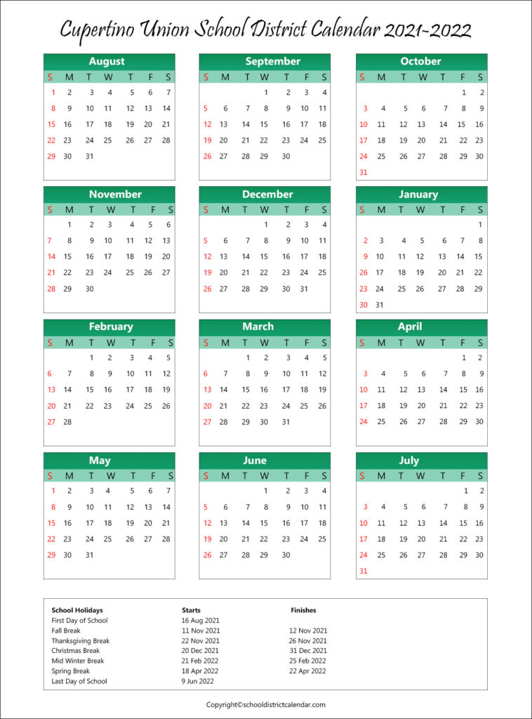 Cupertino Union School District Calendar Holidays 2021 2022