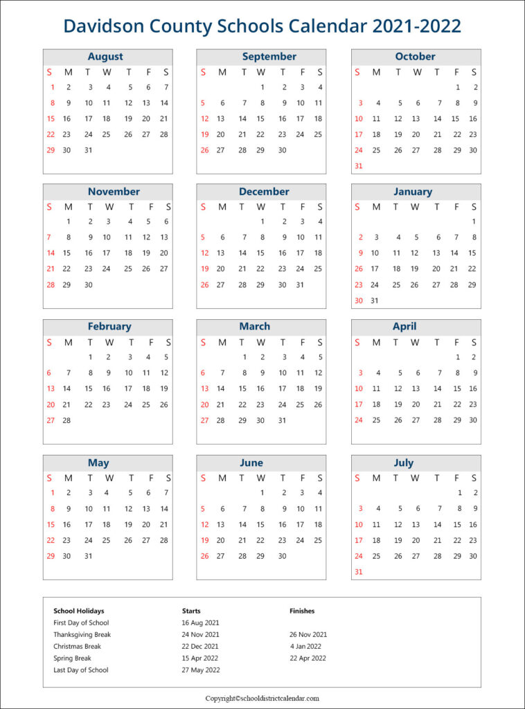 Davidson County Schools District Calendar Holidays 2021 2022