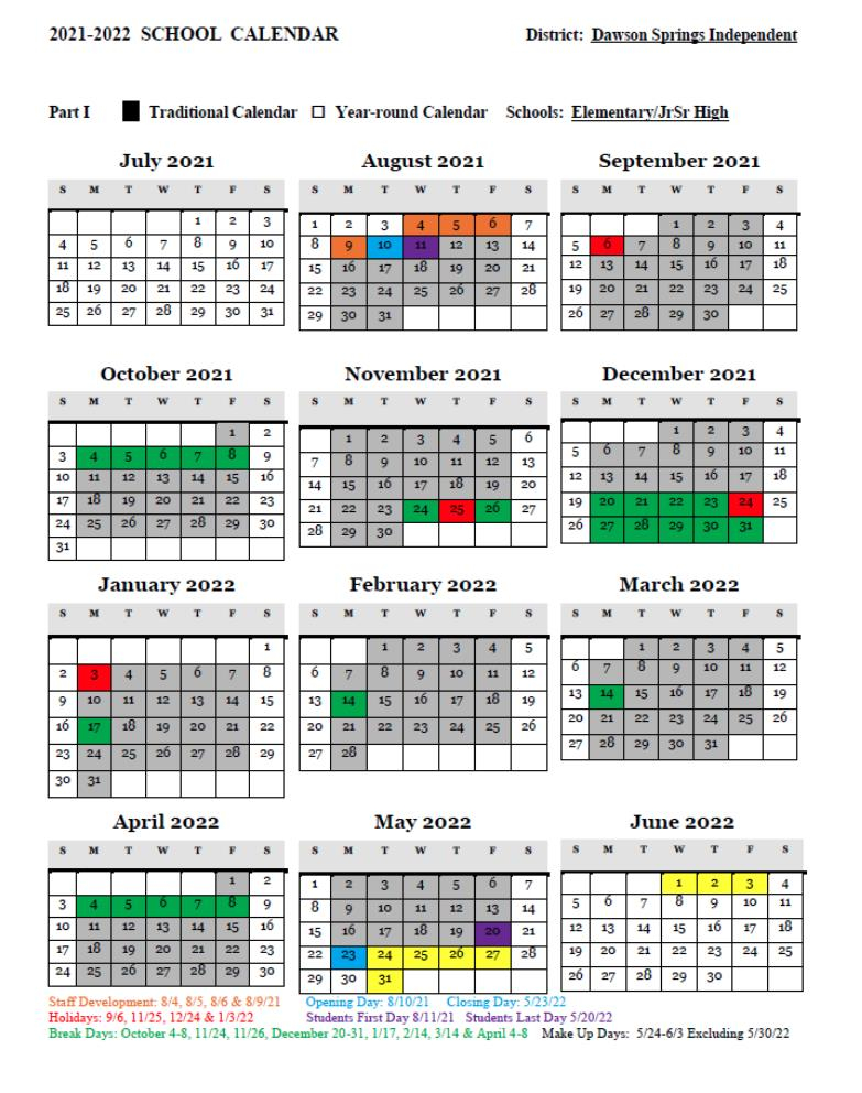 Dawson Springs Independent School District Calendar 2022 