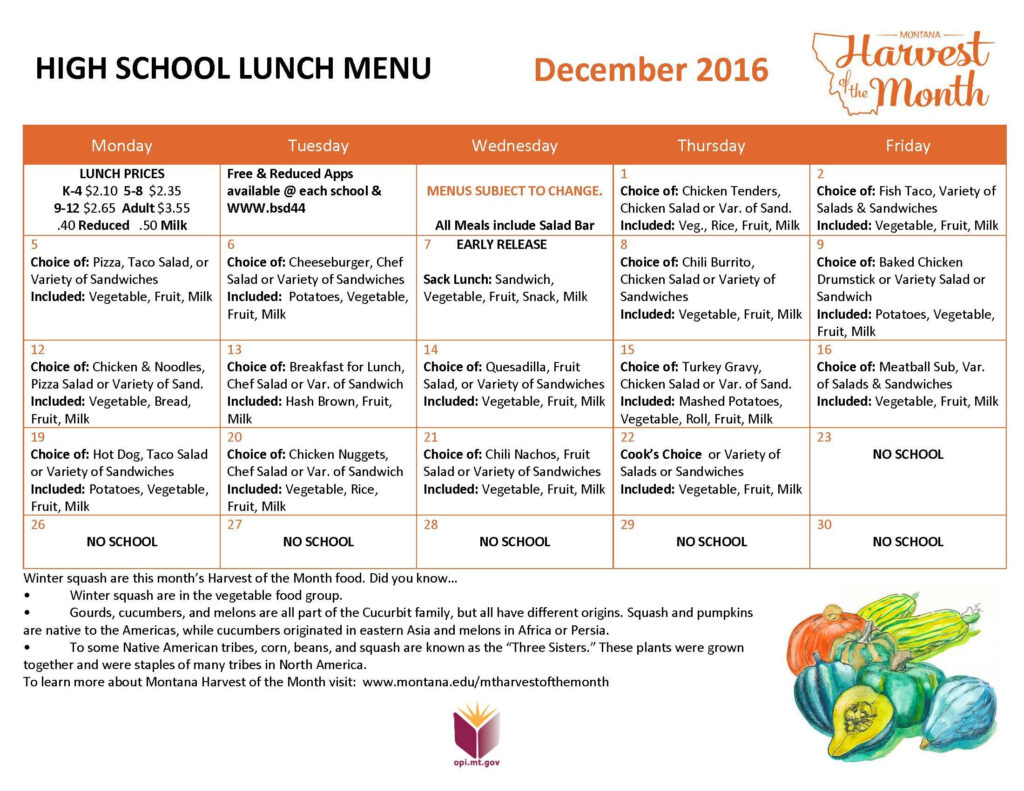 December 2016 High School Lunch Menu School Lunch Menu Lunch Menu 
