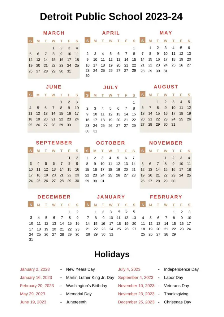 Detroit Public Schools Calendar 2023 24 With Holidays