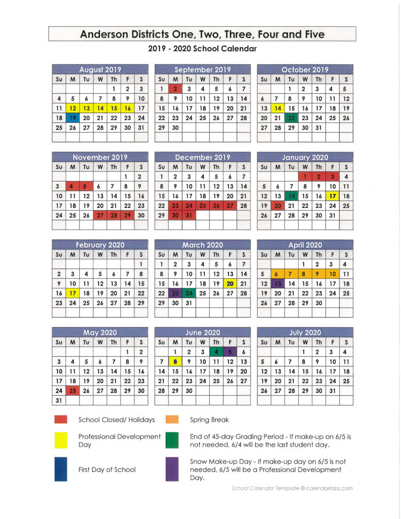 District 5 School Calendar 2020 Working Calendar