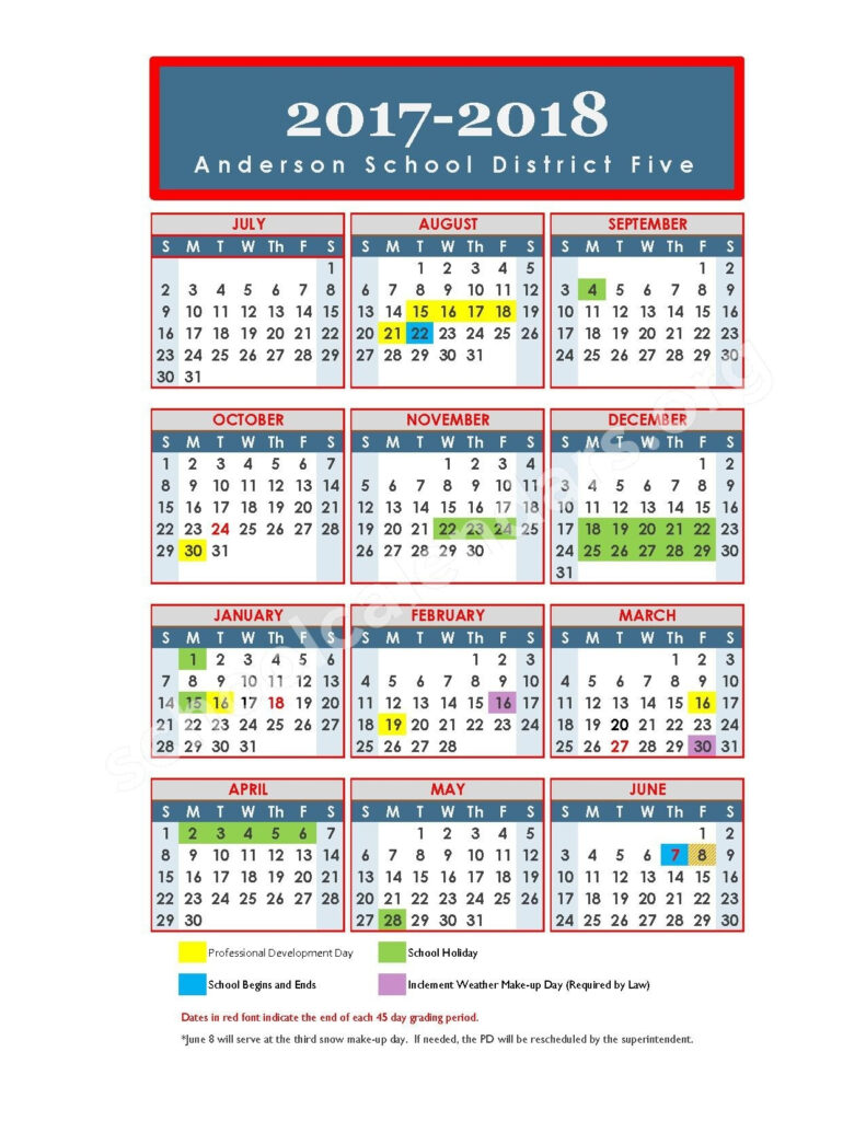 District 5 School Calendar Working Calendar