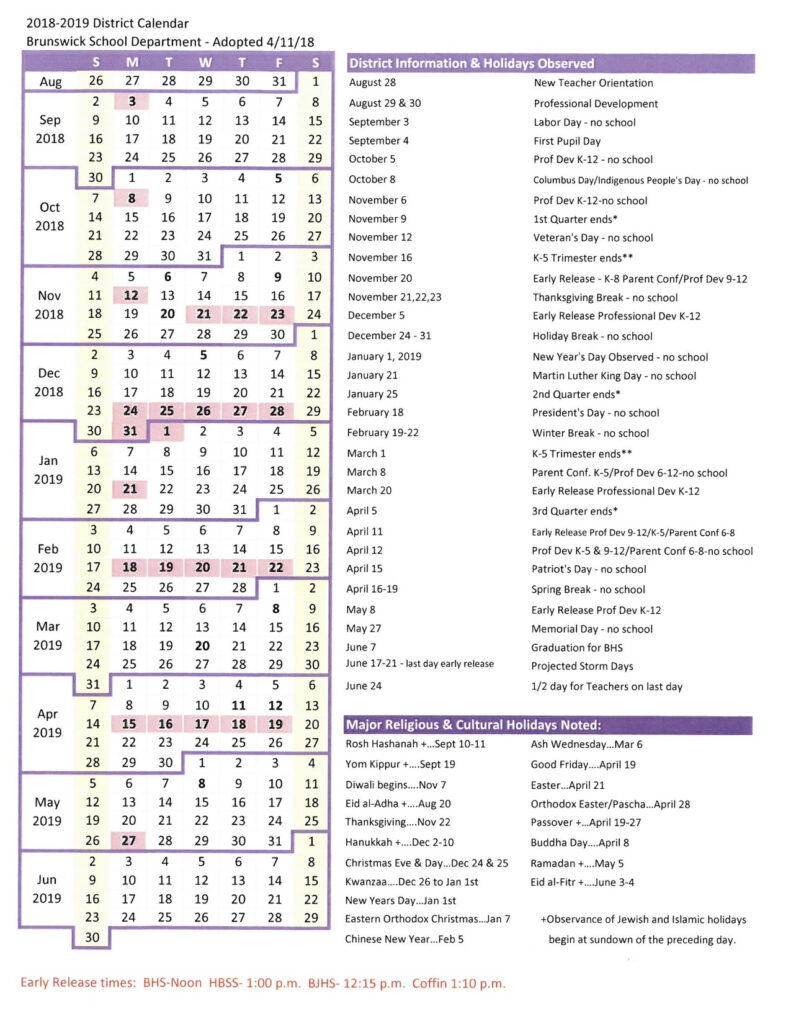 District Calendar Brunswick School Department