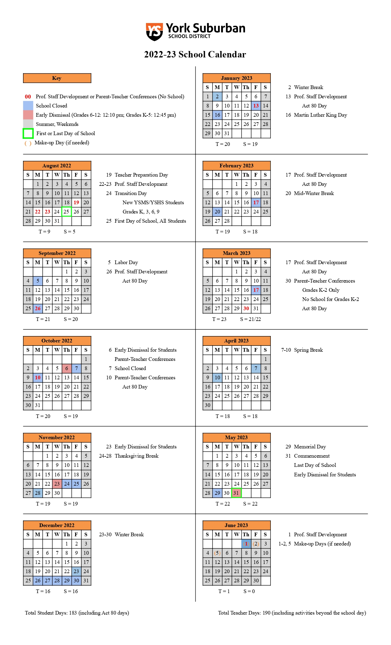 District Calendar York Suburban School District