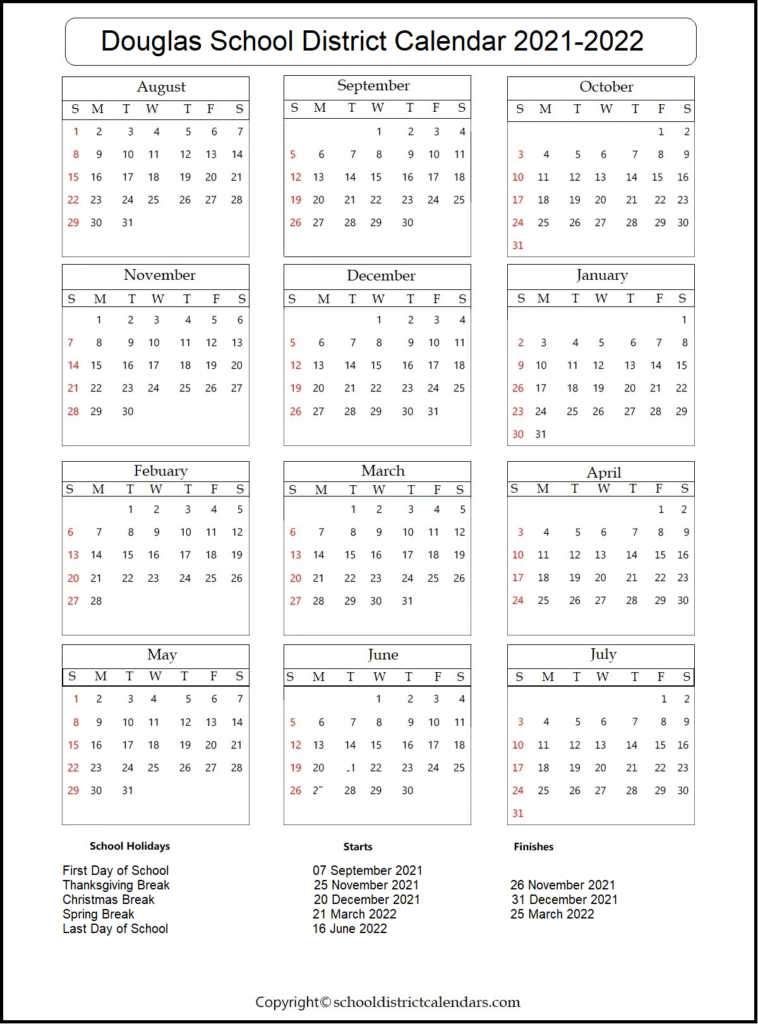 Douglas School District 2021 2022 Calendar School District Calendars