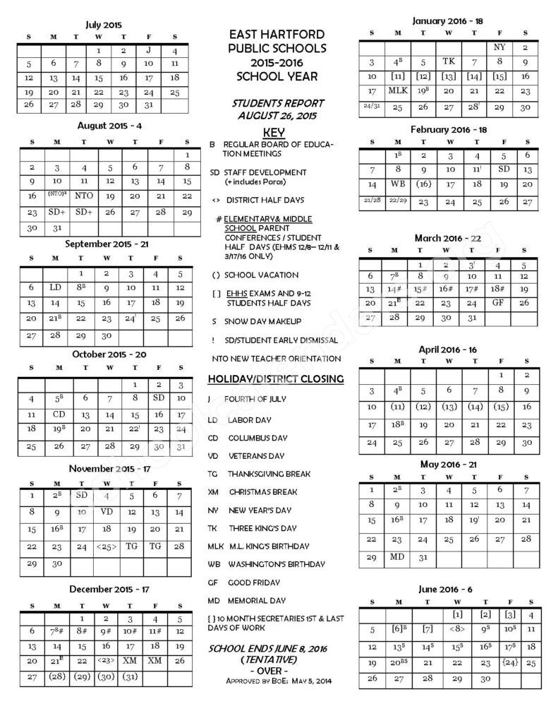 East Hartford Public Schools Calendars East Hartford CT