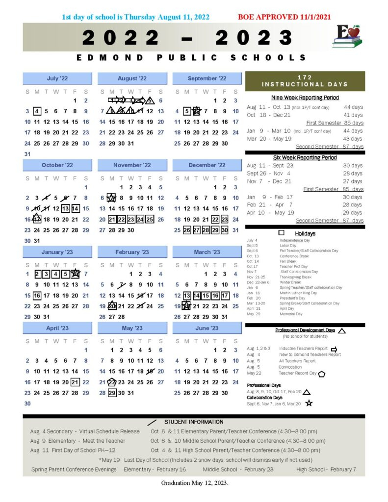 Edmond Public Schools Calendar 2022 2023 In PDF