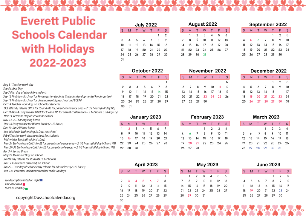 Everett Public Schools Calendar With Holidays 2022 2023